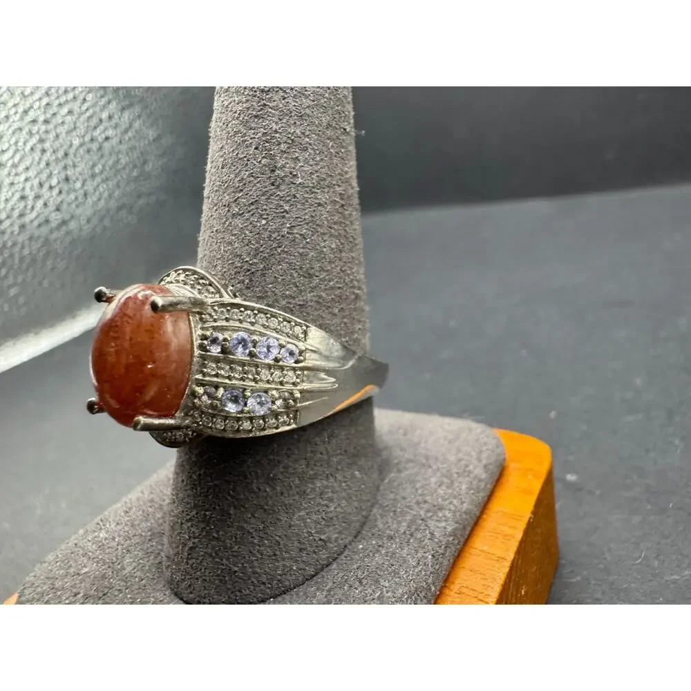 Vtg 925 Sterling Silver Orange Sunstone Cabochon Ring Clear Blue Accent Sz 10